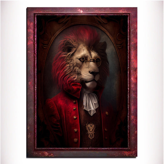 Red Lion Wall Art Print, Red Animal Lover Vintage Regal Art Poster. Victorian Red Lion Pub Portrait Royal Painting Red lion Bar Art Pet Gift - Wall Art Poster Print