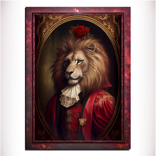 Red Lion Wall Art Print, Red Animal Lover Vintage Regal Art Poster. Victorian Red Lion Pub Portrait Royal Painting Red lion Bar Art Pet Gift - Wall Art Poster Print