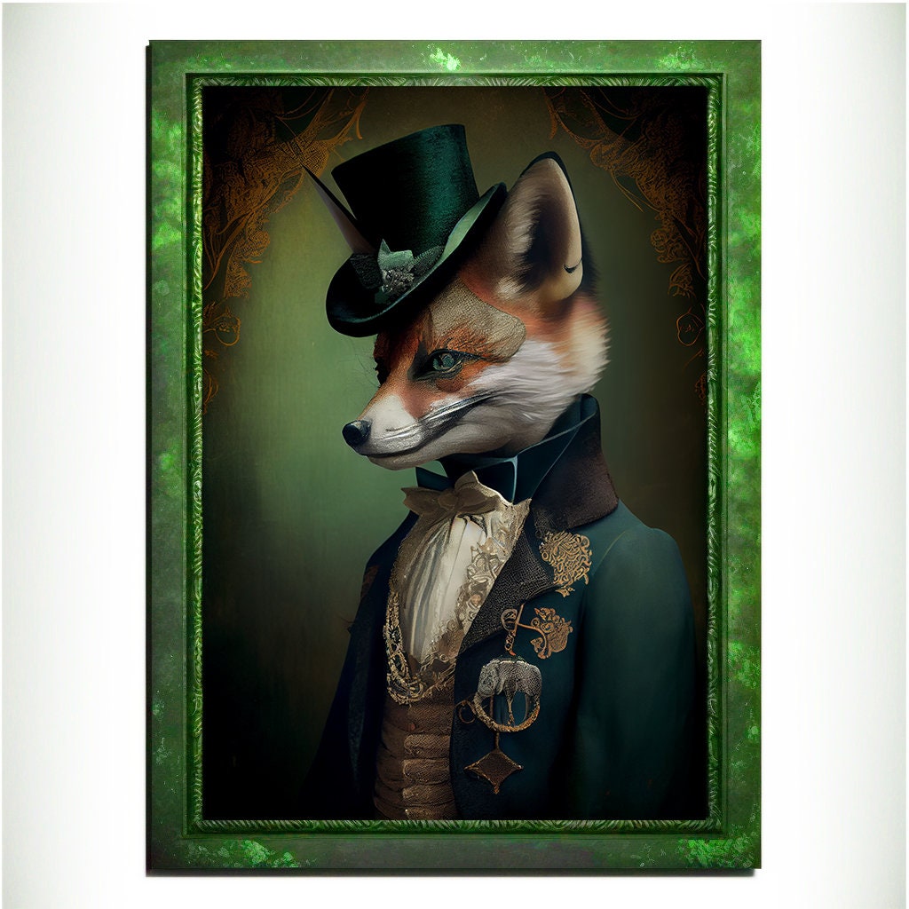 Green Fox Wall Art Print, Green Animal Lover Vintage Regal Art Poster. Victorian Fox Portrait Royal Painting Talented Fox Bar Art Pet Gift - Wall Art Poster Print