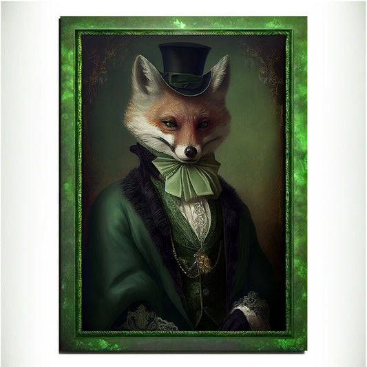 Green Fox Wall Art Print, Green Animal Lover Vintage Regal Art Poster. Victorian Fox Portrait Royal Painting Talented Fox Bar Art Pet Gift - Wall Art Poster Print