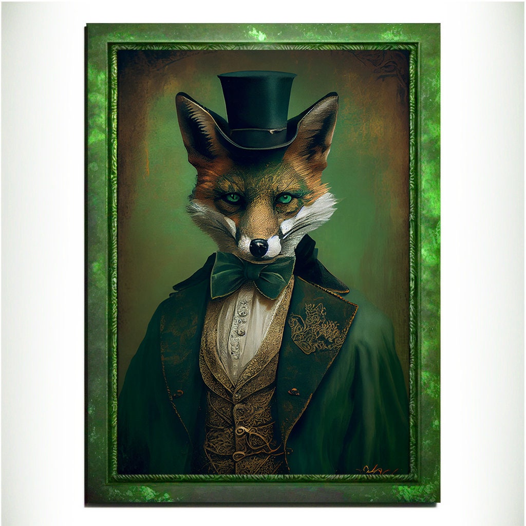 Green Fox Wall Art Print, Green Animal Lover Vintage Regal Art Poster. Victorian Fox Portrait Royal Painting Talented Fox Bar Art Pet Gift - Wall Art Poster Print