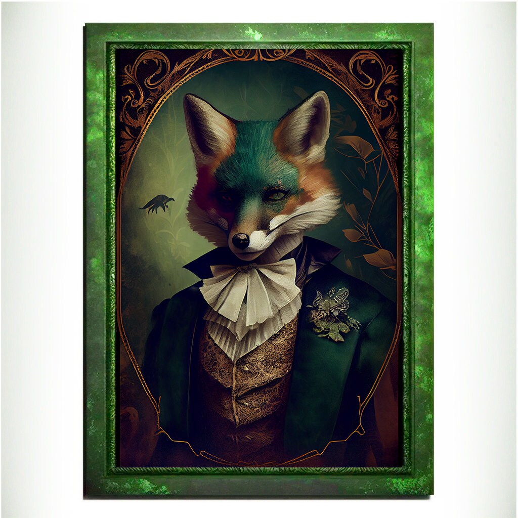 Green Fox Wall Art Print, Green Animal Lover Vintage Regal Art Poster. Victorian Fox Portrait Royal Painting Talented Fox Bar Art Pet Gift - Wall Art Poster Print