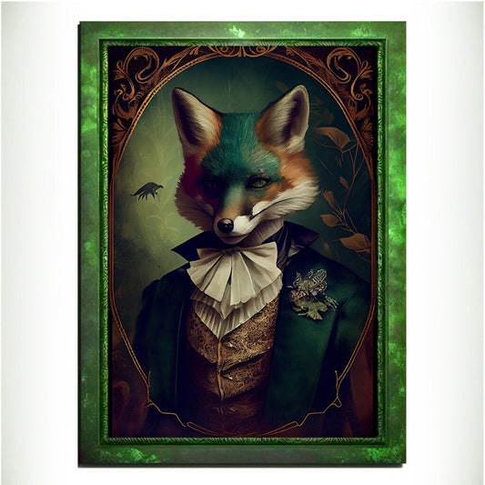 Green Fox Wall Art Print, Green Animal Lover Vintage Regal Art Poster. Victorian Fox Portrait Royal Painting Talented Fox Bar Art Pet Gift - Wall Art Poster Print