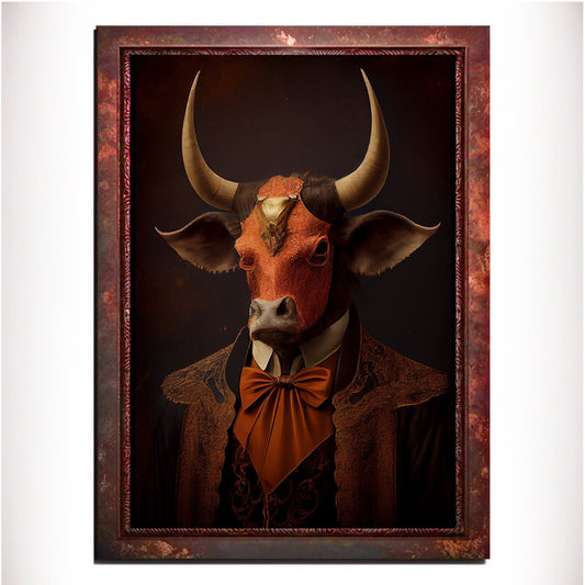 Orange Bull Wall Art Print, Animal Lover Vintage Regal Art Poster. Victorian Bull Bar Portrait Royal Painting Tango Orange Art Pet Gift - Wall Art Poster Print