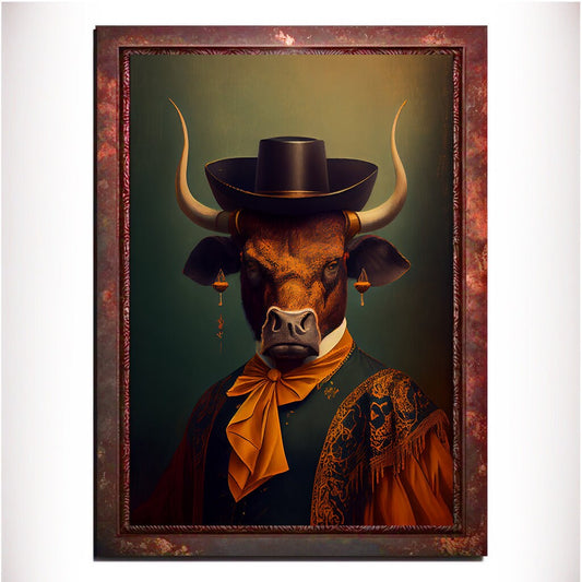 Orange Bull Wall Art Print, Animal Lover Vintage Regal Art Poster. Victorian Bull Bar Portrait Royal Painting Tango Orange Art Pet Gift - Wall Art Poster Print