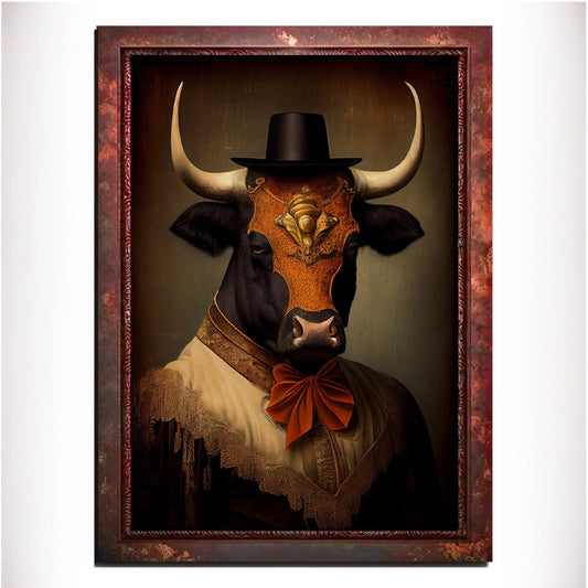 Orange Bull Wall Art Print, Animal Lover Vintage Regal Art Poster. Victorian Bull Bar Portrait Royal Painting Tango Orange Art Pet Gift - Wall Art Poster Print