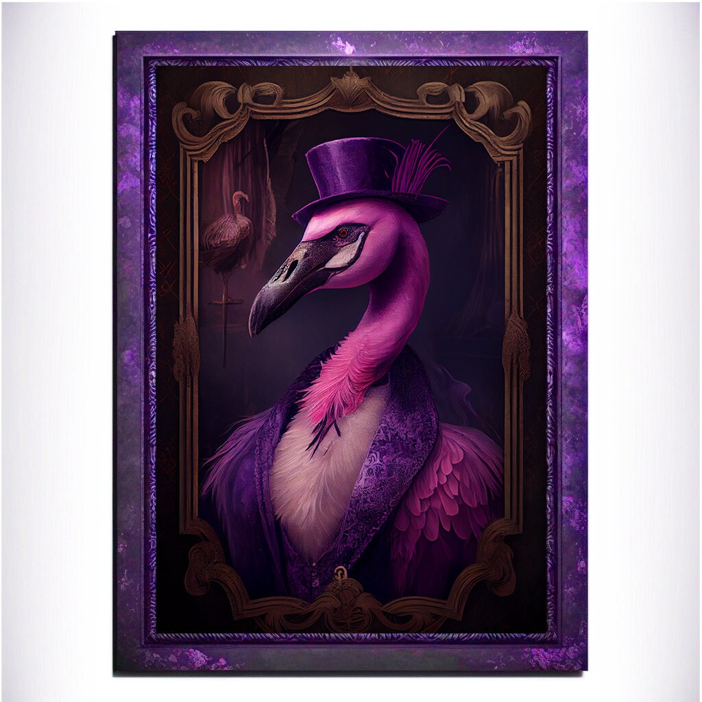 Purple Flamingo Wall Art Print, Animal Lover Vintage Regal Flamingo Art Poster Renaissance. Victorian Flamingo Portrait, Royal Painting Gift - Wall Art Poster Print