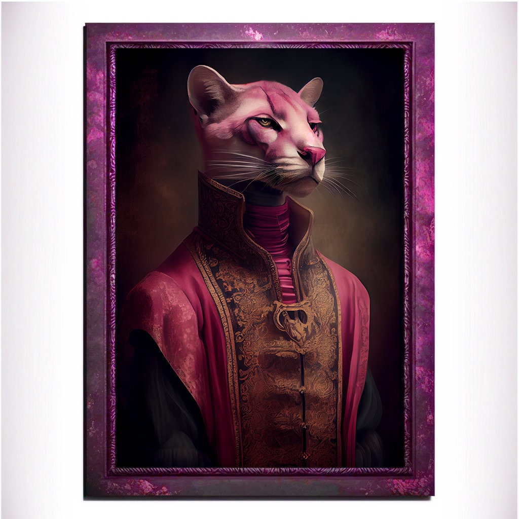 Pink Panther Wall Art Print, Pink Animal Lover Vintage Regal Art Poster. Victorian Pink Cat Portrait Royal Painting, Puma Pet Gift, Big Cat - Wall Art Poster Print