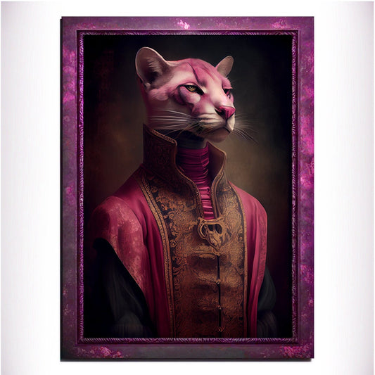 Pink Panther Wall Art Print, Pink Animal Lover Vintage Regal Art Poster. Victorian Pink Cat Portrait Royal Painting, Puma Pet Gift, Big Cat - Wall Art Poster Print