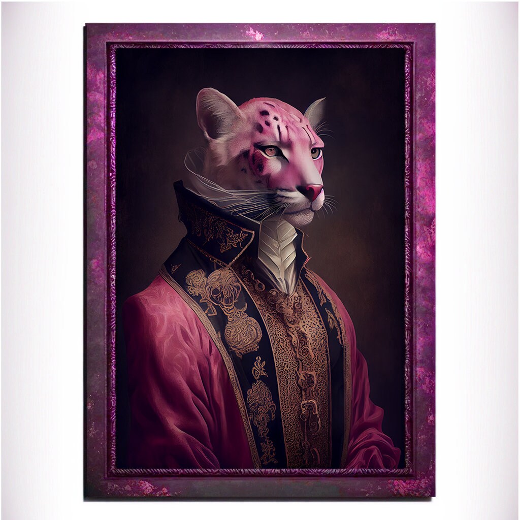 Pink Panther Wall Art Print, Pink Animal Lover Vintage Regal Art Poster. Victorian Pink Cat Portrait Royal Painting, Puma Pet Gift, Big Cat - Wall Art Poster Print