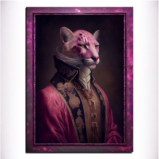 Pink Panther Wall Art Print, Pink Animal Lover Vintage Regal Art Poster. Victorian Pink Cat Portrait Royal Painting, Puma Pet Gift, Big Cat - Wall Art Poster Print