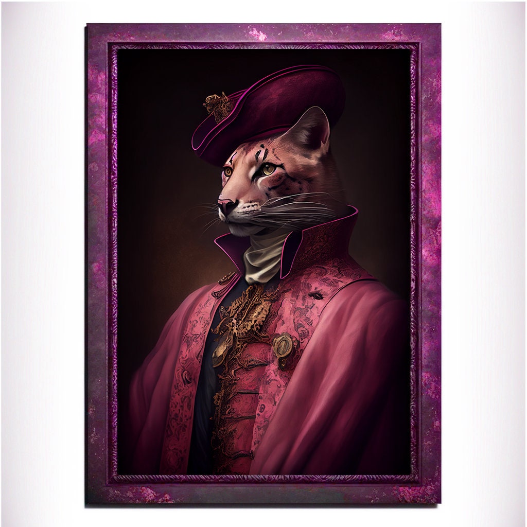 Pink Panther Wall Art Print, Pink Animal Lover Vintage Regal Art Poster. Victorian Pink Cat Portrait Royal Painting, Puma Pet Gift, Big Cat - Wall Art Poster Print