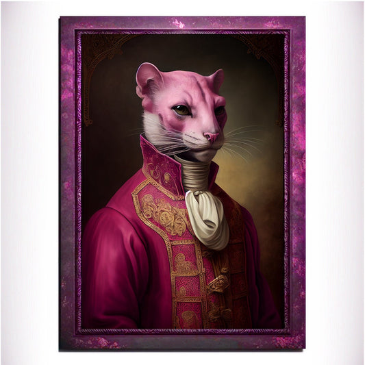 Pink Panther Wall Art Print, Pink Animal Lover Vintage Regal Art Poster. Victorian Pink Cat Portrait Royal Painting, Puma Pet Gift, Big Cat - Wall Art Poster Print