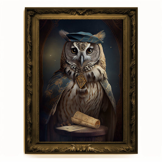Prophet Owl, Fortune Teller Owl Portrait, Owl Poster, Animal Painting, Altered Art, Magic Owl, Regal Vintage Art, Unique Prints, Wizard Gift
