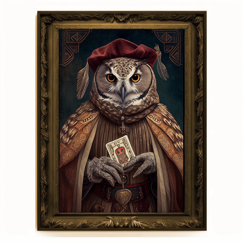 Prophet Owl, Fortune Teller Owl Portrait, Owl Poster, Animal Painting, Altered Art, Magic Owl, Regal Vintage Art, Unique Prints, Wizard Gift