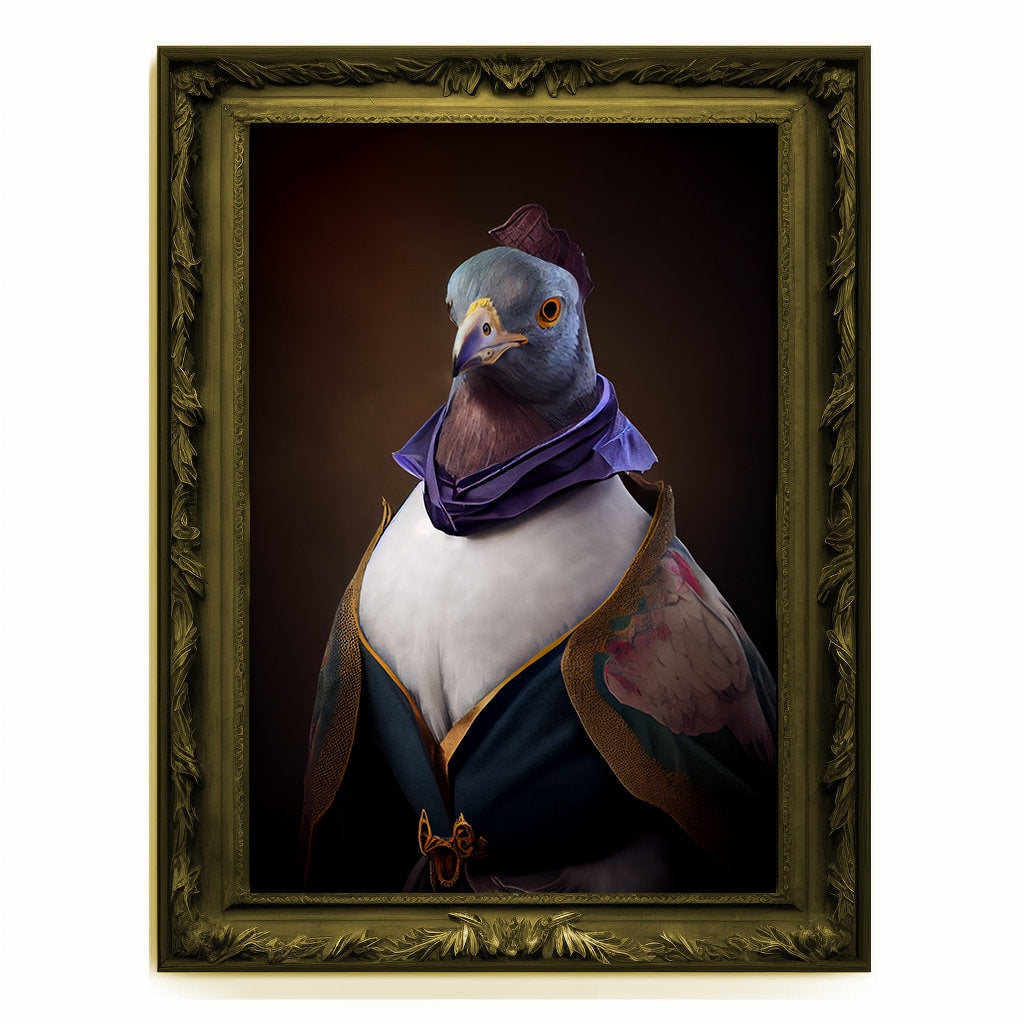 Superhero Pidgeon Portrait, Animal Painting, Altered Art, Bar Room Poster, Regal Vintage Artwork, Unique Art Prints, Funny Pidgeon Gift