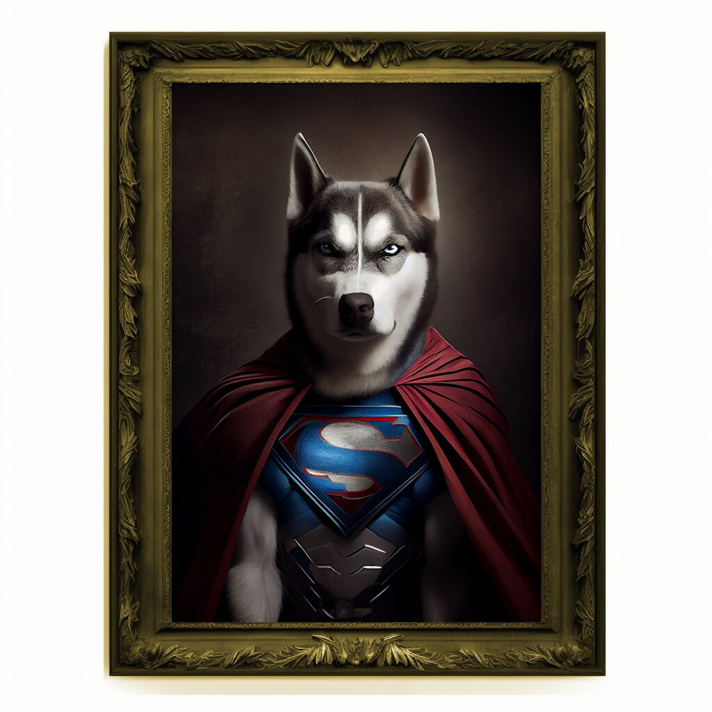 Superhero Husky Portrait, Animal Wolf Painting, Altered Art, Bar Room Poster, Regal Vintage Artwork, Unique Art Prints, Funny Dog Gift