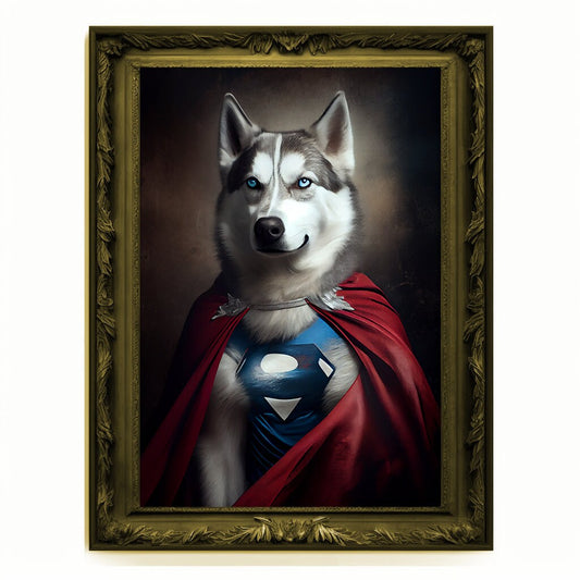 Superhero Husky Portrait, Animal Wolf Painting, Altered Art, Bar Room Poster, Regal Vintage Artwork, Unique Art Prints, Funny Dog Gift