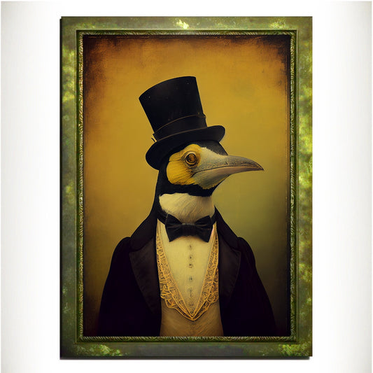 Yellow Penguin Wall Art Print, Animal Lover Vintage Regal Penguin Art Poster Renaissance. Victorian Penguin Portrait, Royal Painting Gift - Wall Art Poster Print