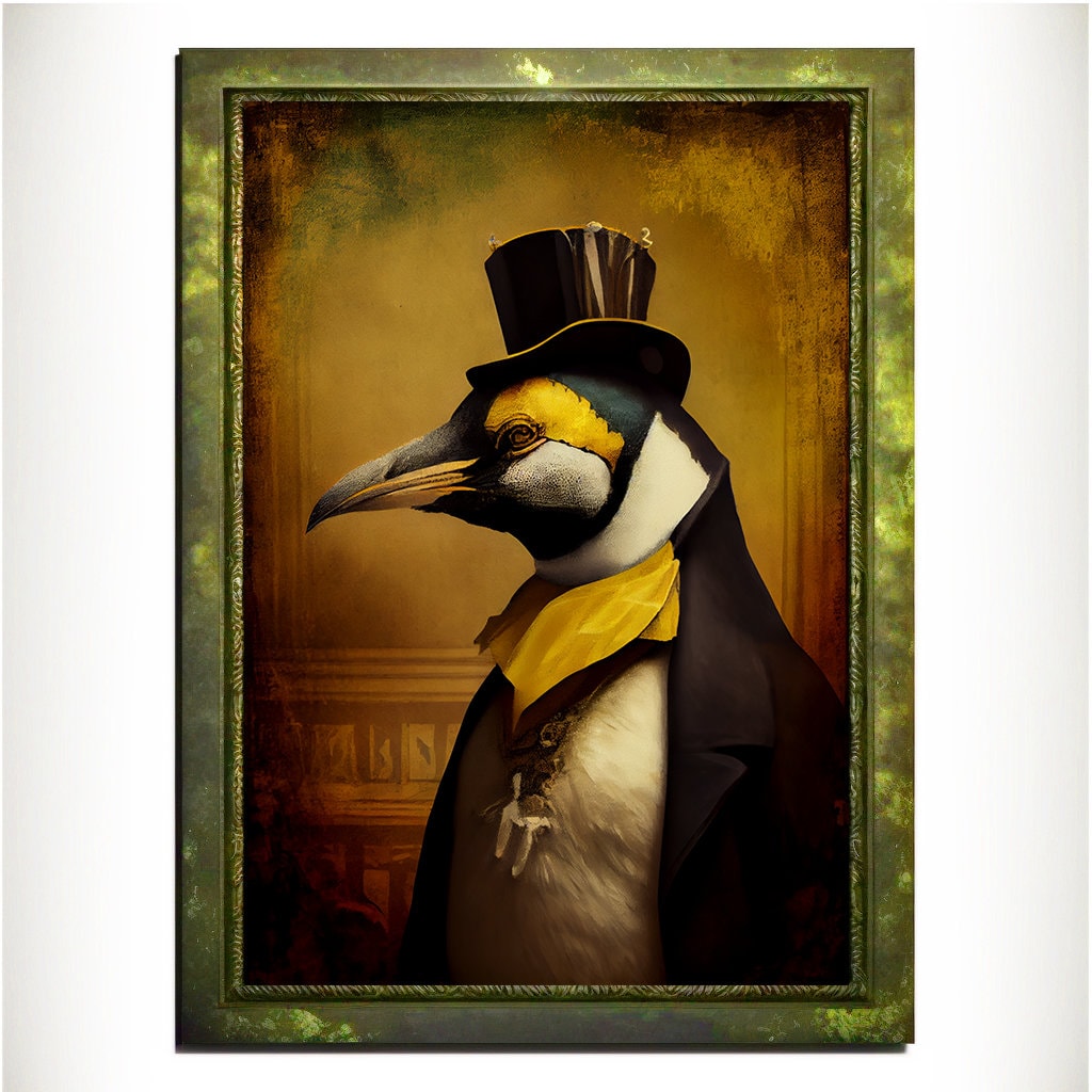 Yellow Penguin Wall Art Print, Animal Lover Vintage Regal Penguin Art Poster Renaissance. Victorian Penguin Portrait, Royal Painting Gift - Wall Art Poster Print