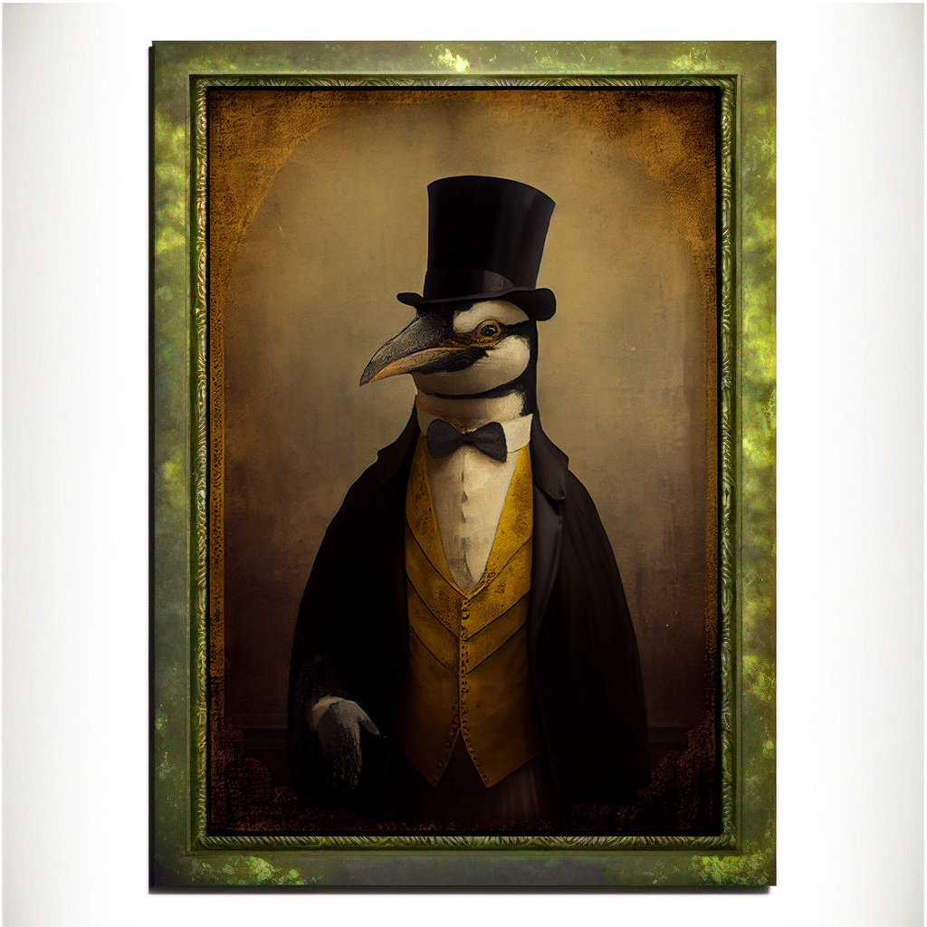 Yellow Penguin Wall Art Print, Animal Lover Vintage Regal Penguin Art Poster Renaissance. Victorian Penguin Portrait, Royal Painting Gift - Wall Art Poster Print
