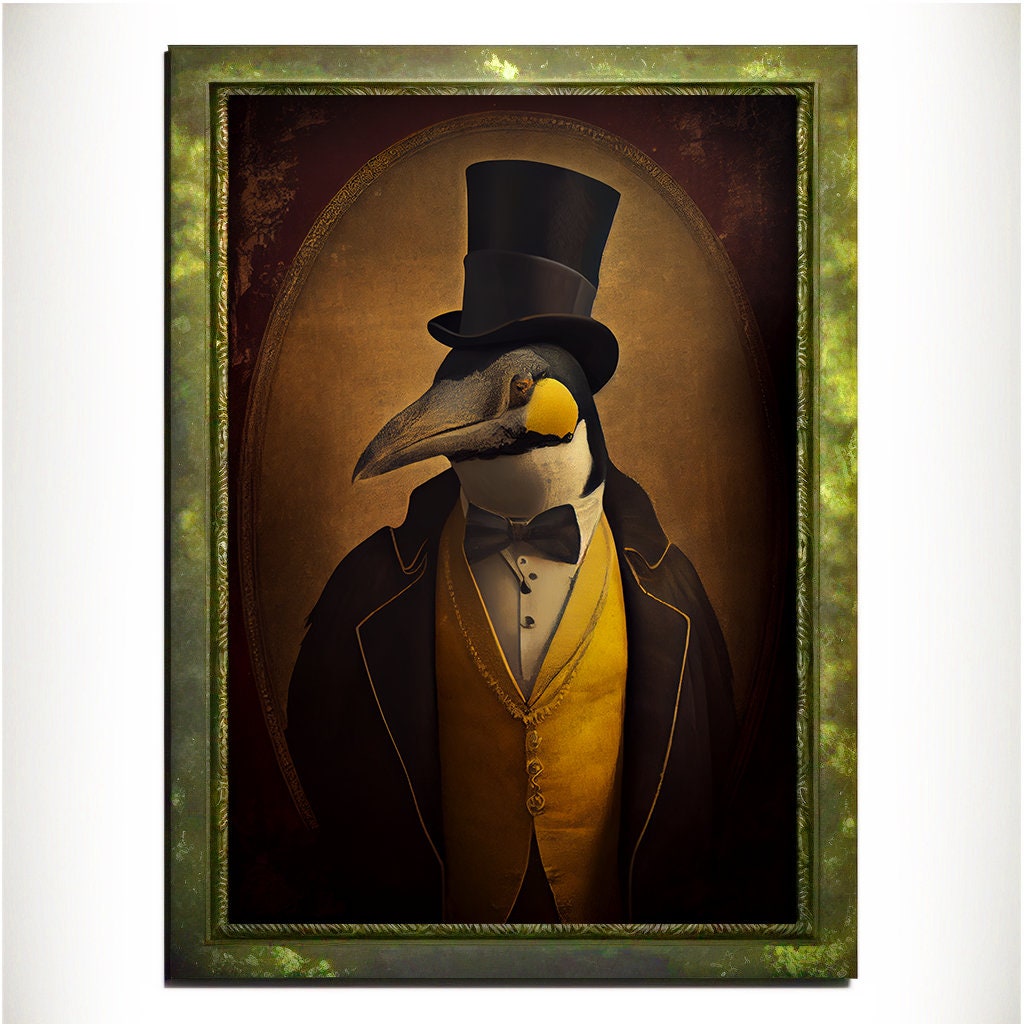 Yellow Penguin Wall Art Print, Animal Lover Vintage Regal Penguin Art Poster Renaissance. Victorian Penguin Portrait, Royal Painting Gift - Wall Art Poster Print