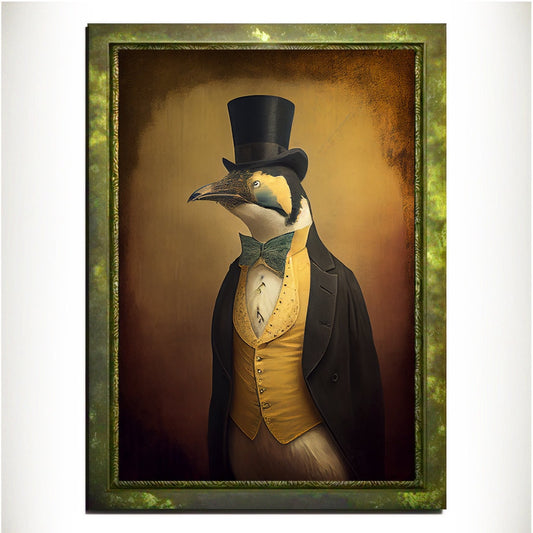 Yellow Penguin Wall Art Print, Animal Lover Vintage Regal Penguin Art Poster Renaissance. Victorian Penguin Portrait, Royal Painting Gift - Wall Art Poster Print
