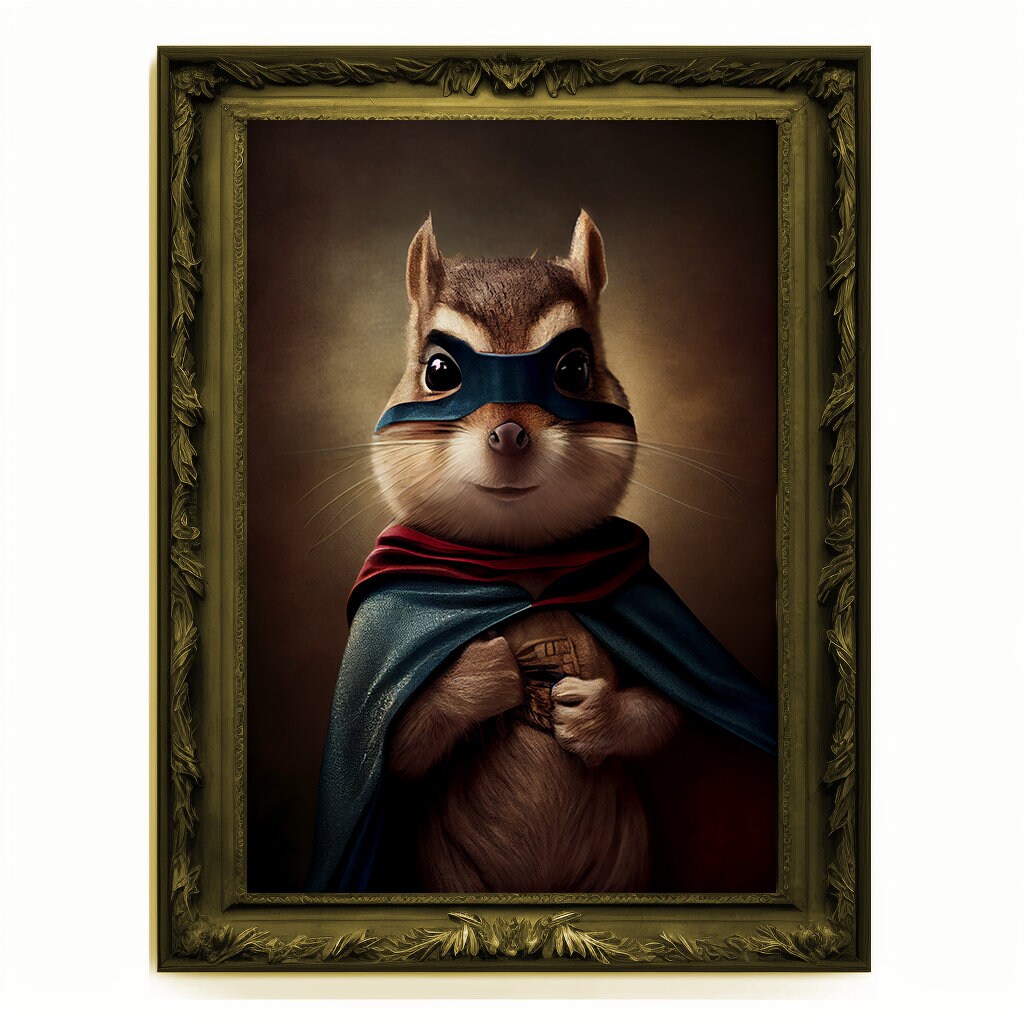 Superhero Chipmunk Portrait, Animal Painting, Altered Art, Bar Room Poster, Regal Vintage Artwork, Unique Art Prints, Funny Pet Gift