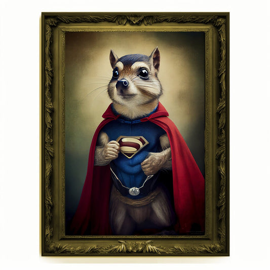 Superhero Chipmunk Portrait, Animal Painting, Altered Art, Bar Room Poster, Regal Vintage Artwork, Unique Art Prints, Funny Pet Gift