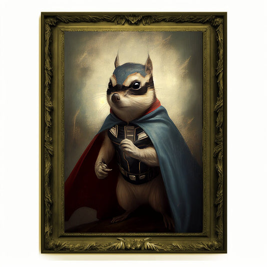 Superhero Chipmunk Portrait, Animal Painting, Altered Art, Bar Room Poster, Regal Vintage Artwork, Unique Art Prints, Funny Pet Gift