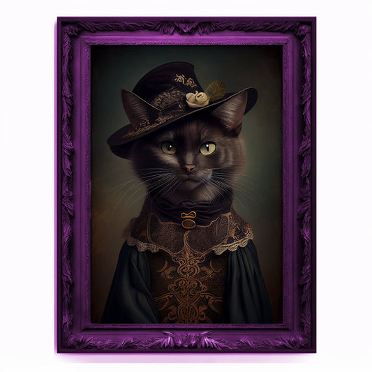 Witch Cat Portrait, Animal Painting, Altered Art, witchcraft Decor, Regal Vintage Artwork, Unique Prints, Funny Pet Gift, Salem Cat Print