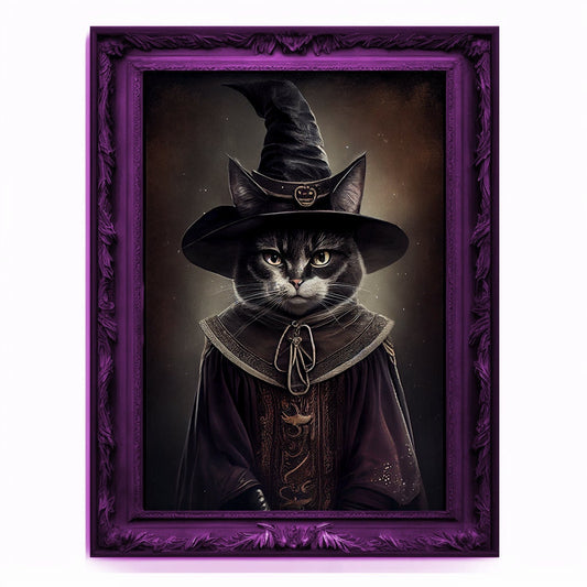 Witch Cat Portrait, Animal Painting, Altered Art, witchcraft Decor, Regal Vintage Artwork, Unique Prints, Funny Pet Gift, Salem Cat Print