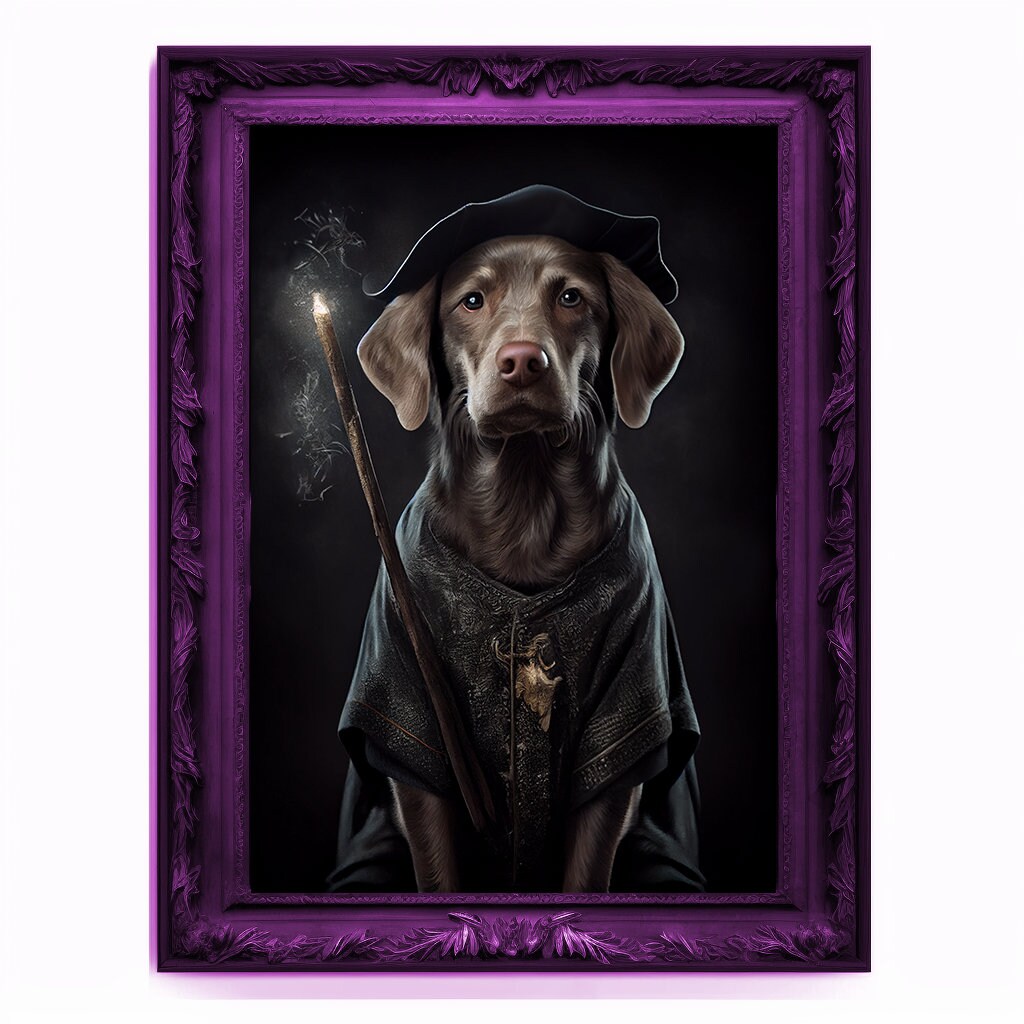 Wizard Dog Portrait, Magician Poster, Animal Painting, Altered Art, Magic Wand, Regal Vintage Artwork, Unique Prints, Pet Gift, Wizard Gift