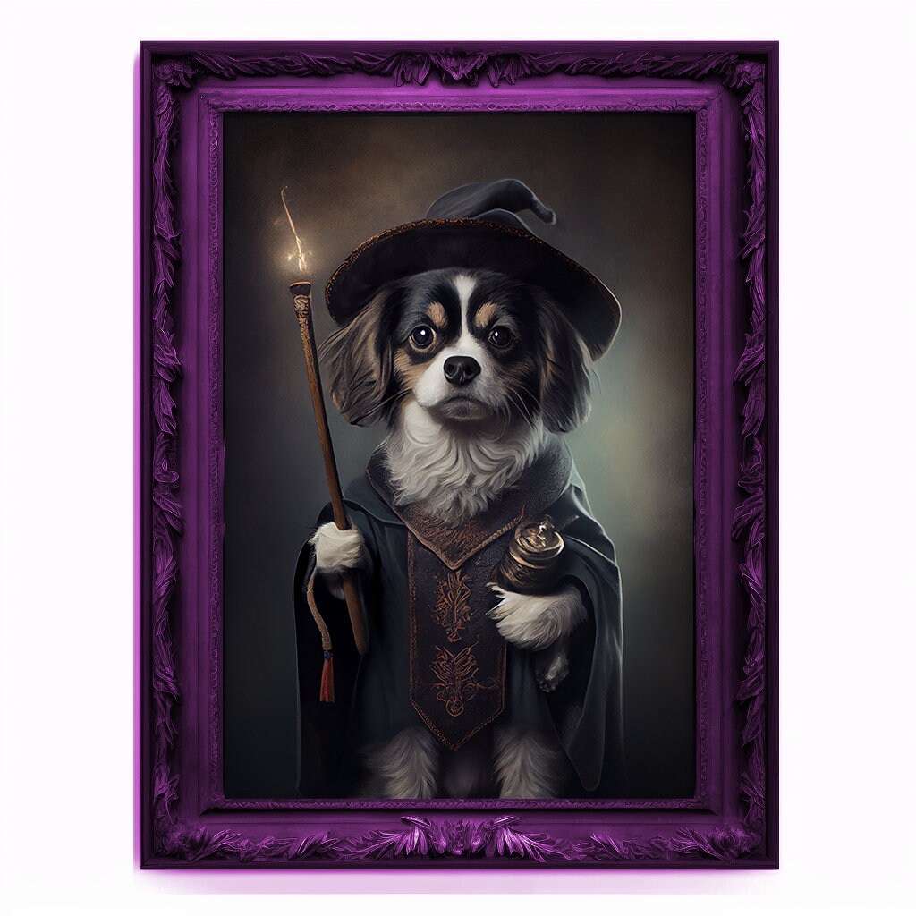 Wizard Dog Portrait, Magician Poster, Animal Painting, Altered Art, Magic Wand, Regal Vintage Artwork, Unique Prints, Pet Gift, Wizard Gift