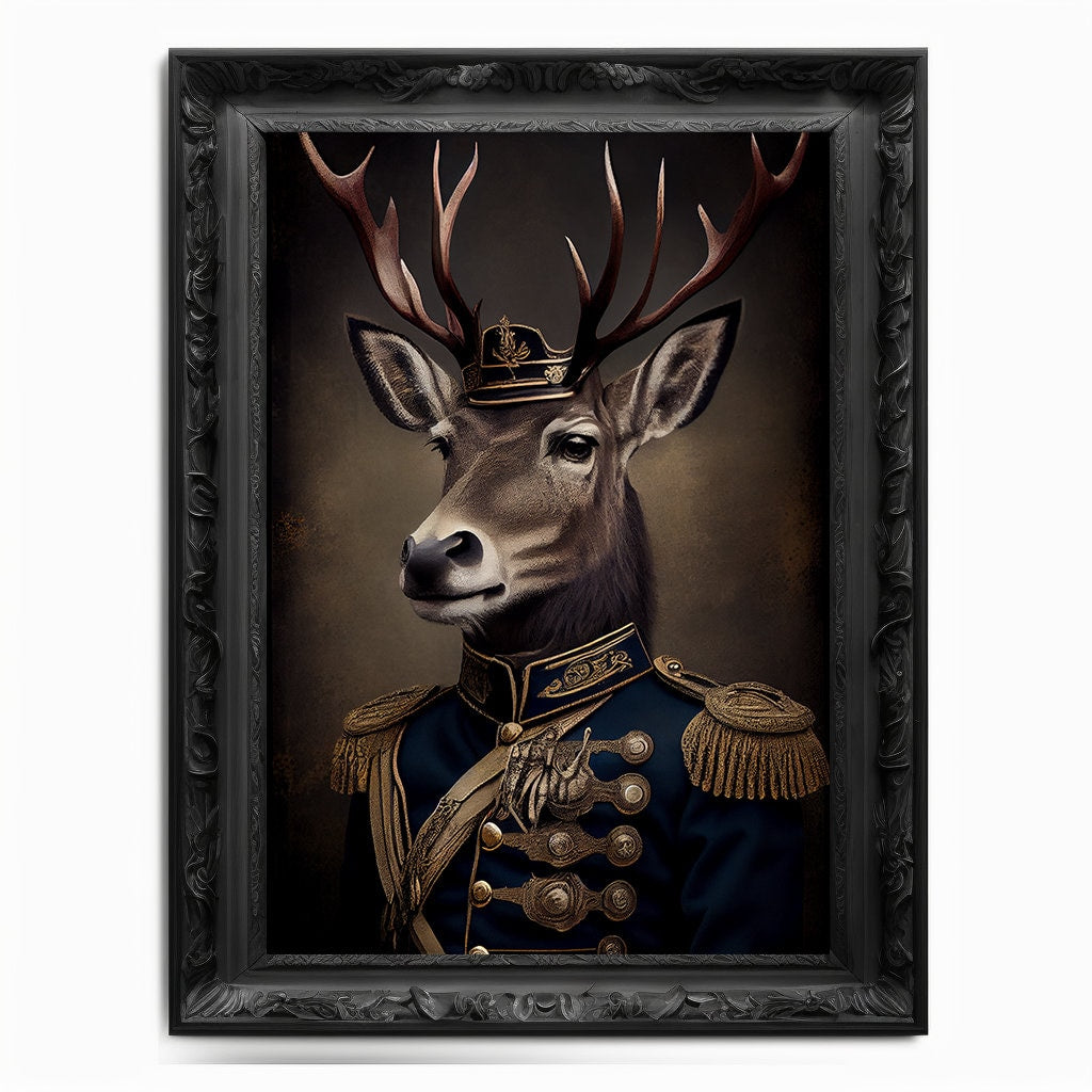 Military Stag Wall Art Print, Animal Lover Vintage Regal Stag Art Deer Poster Renaissance. Victorian Stag Portrait, Royal Painting Pet Gift