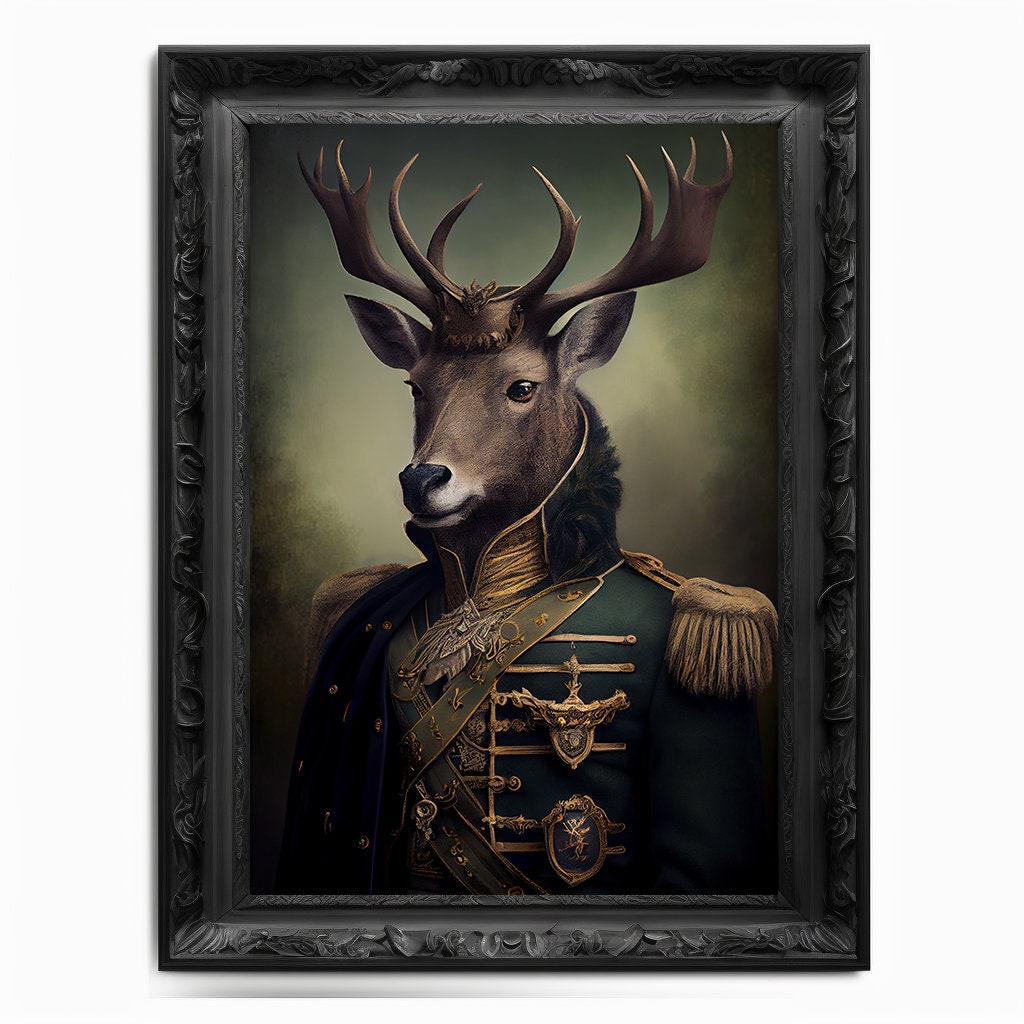 Military Stag Wall Art Print, Animal Lover Vintage Regal Stag Art Deer Poster Renaissance. Victorian Stag Portrait, Royal Painting Pet Gift