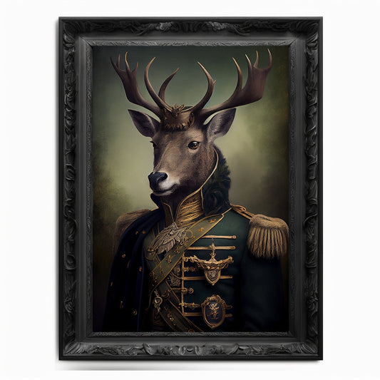 Military Stag Wall Art Print, Animal Lover Vintage Regal Stag Art Deer Poster Renaissance. Victorian Stag Portrait, Royal Painting Pet Gift