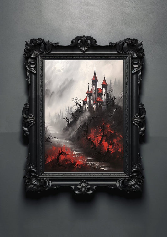 Red Black. Gothic Prints. Oil Painting. Dracula's Castle Poster. Demonic Palace. Spooky Gifts. Gothic Home Decor. Gothic Art. Witchy Gifts.
