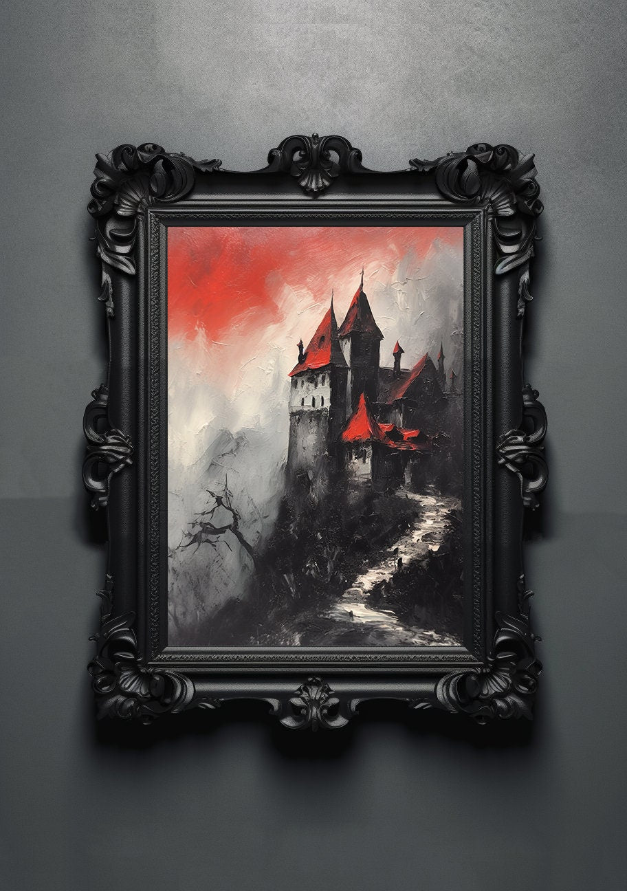 Red Black. Gothic Prints. Oil Painting. Dracula's Castle Poster. Demonic Palace. Spooky Gifts. Gothic Home Decor. Gothic Art. Witchy Gifts.