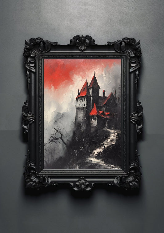 Red Black. Gothic Prints. Oil Painting. Dracula's Castle Poster. Demonic Palace. Spooky Gifts. Gothic Home Decor. Gothic Art. Witchy Gifts.