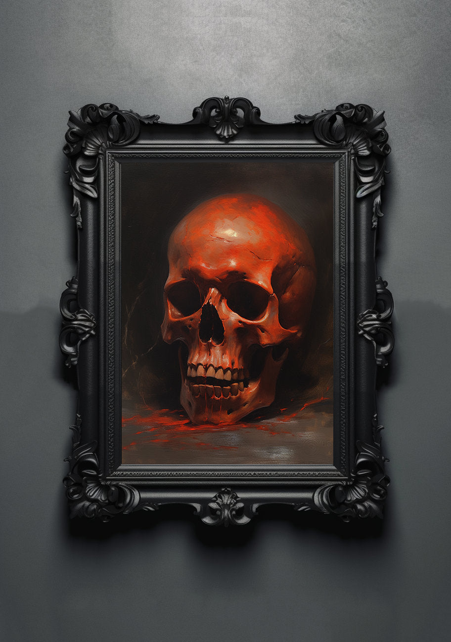 Black Red Skull. Gothic Prints. Oil Painting. Skull Poster. Demonic Palace. Spooky Gifts. Gothic Home Decor. Gothic Art. Witchy Gifts.