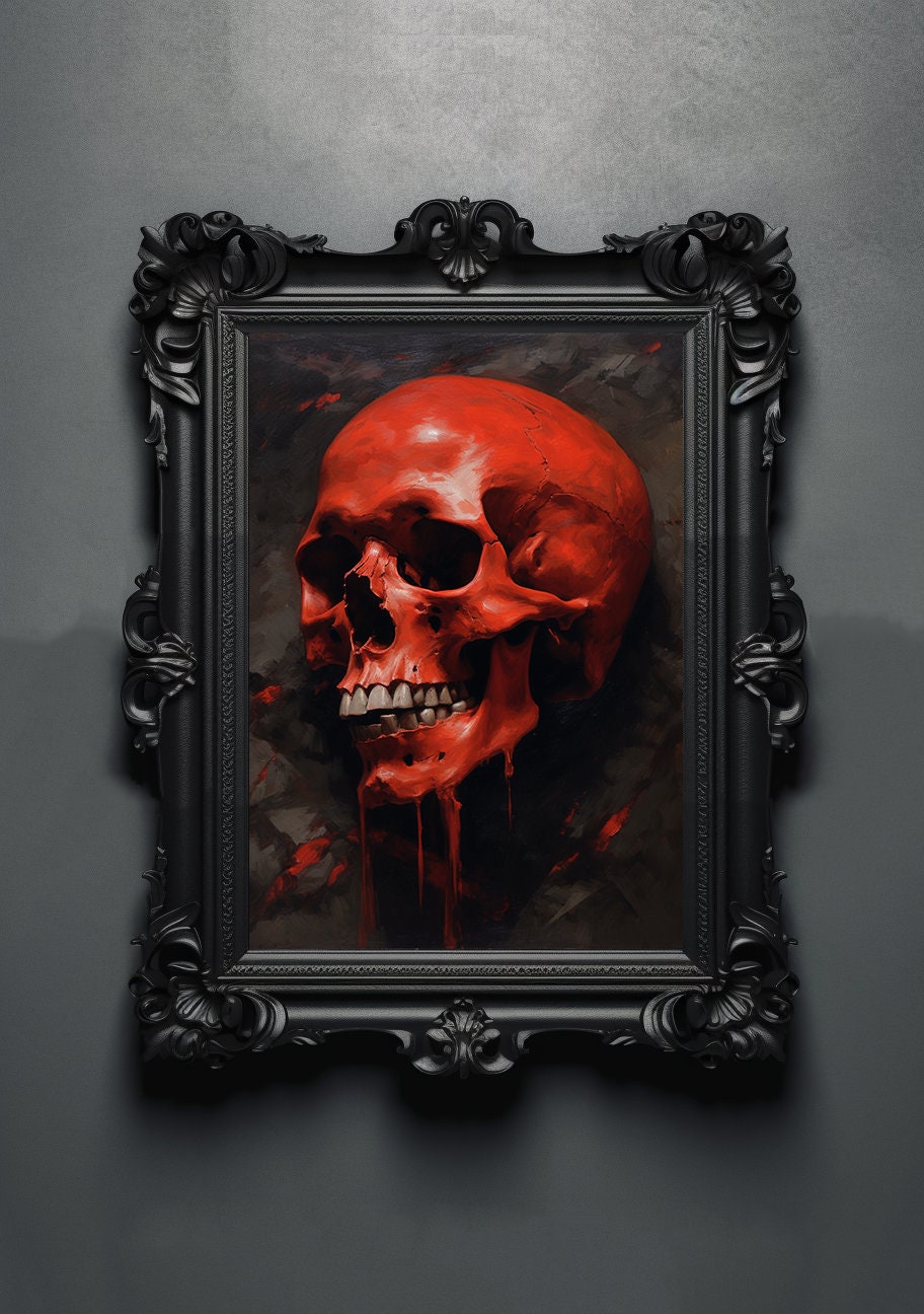Black Red Skull. Gothic Prints. Oil Painting. Skull Poster. Demonic Palace. Spooky Gifts. Gothic Home Decor. Gothic Art. Witchy Gifts.