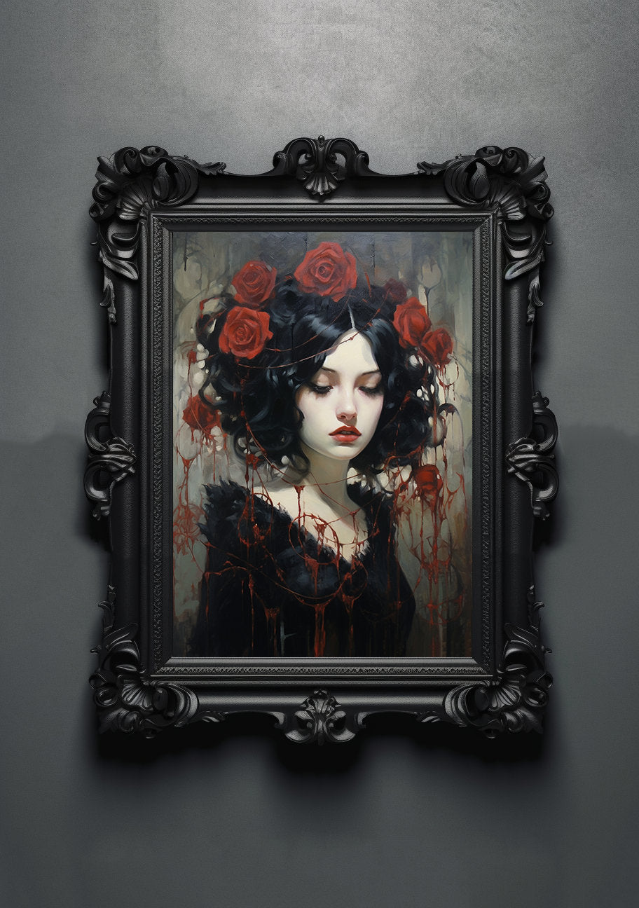 Gothic Rose Artwork. Gothic Prints. Oil Painting. Black Rose Poster. Wiccan Lady. Spooky Gifts. Gothic Home Decor. Gothic Art. Witchy Gifts.