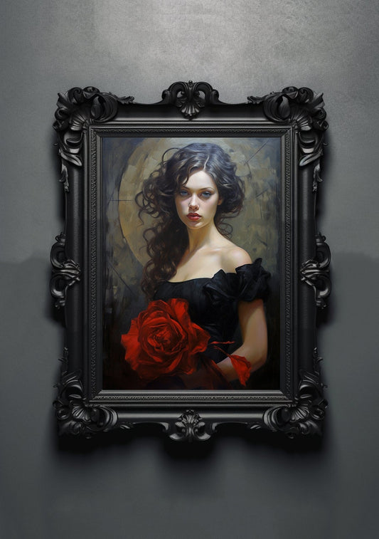 Gothic Rose Artwork. Gothic Prints. Oil Painting. Black Rose Poster. Wiccan Lady. Spooky Gifts. Gothic Home Decor. Gothic Art. Witchy Gifts.