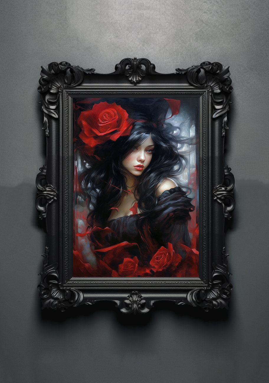 Gothic Rose Artwork. Gothic Prints. Oil Painting. Black Rose Poster. Wiccan Lady. Spooky Gifts. Gothic Home Decor. Gothic Art. Witchy Gifts.