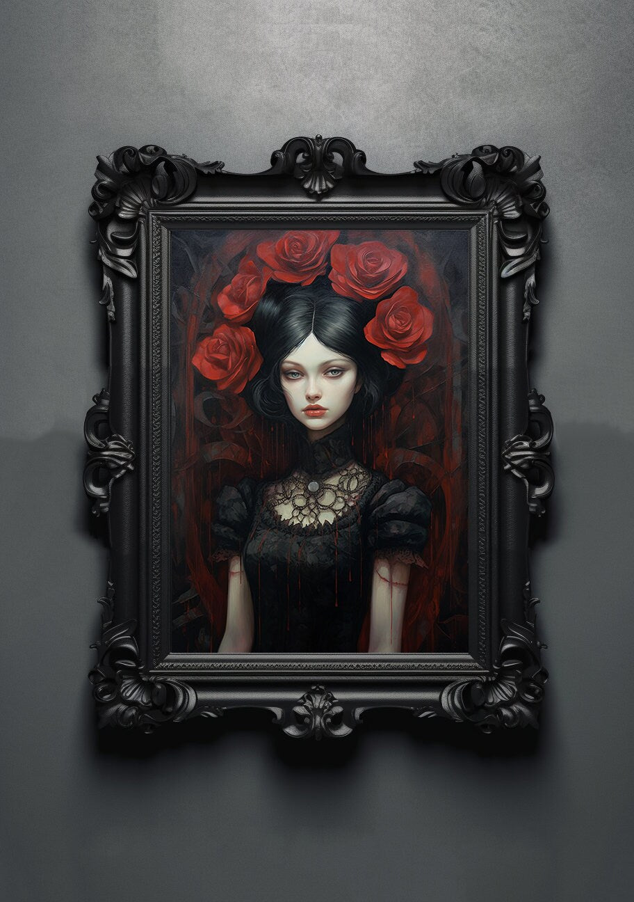 Gothic Rose Artwork. Gothic Prints. Oil Painting. Black Rose Poster. Wiccan Lady. Spooky Gifts. Gothic Home Decor. Gothic Art. Witchy Gifts.