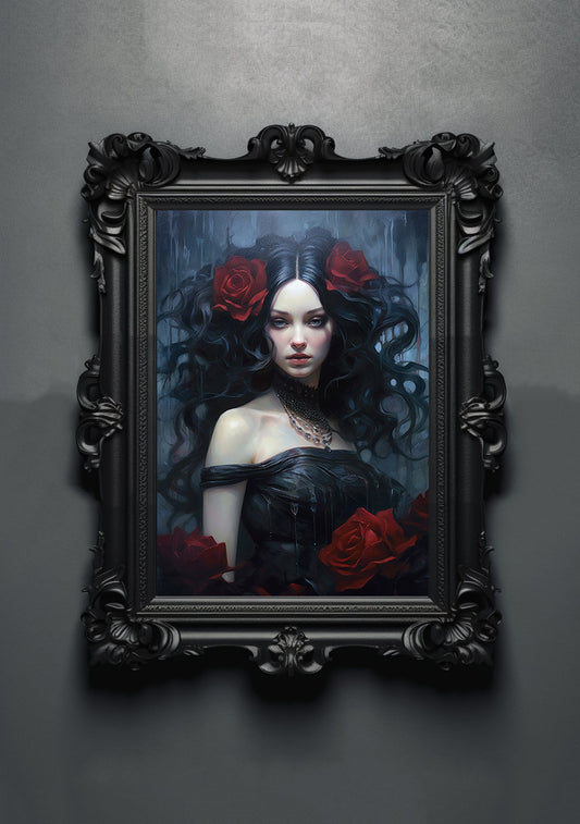 Gothic Rose Artwork. Gothic Prints. Oil Painting. Black Rose Poster. Wiccan Lady. Spooky Gifts. Gothic Home Decor. Gothic Art. Witchy Gifts.