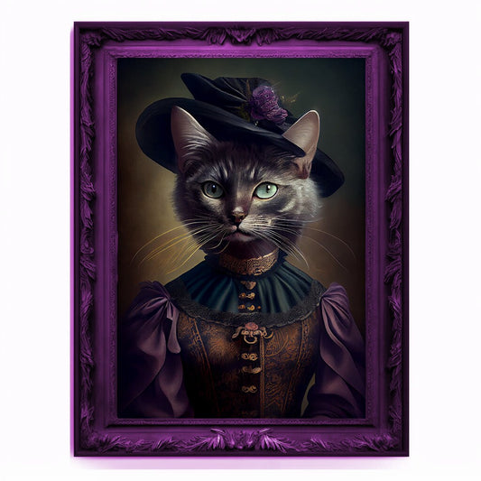 Witch Cat Portrait, Animal Painting, Altered Art, witchcraft Decor, Regal Vintage Artwork, Unique Prints, Funny Pet Gift, Salem Cat Print