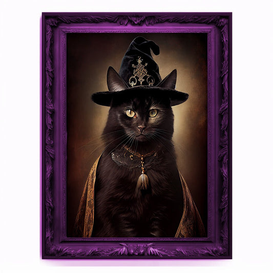 Witch Cat Portrait, Animal Painting, Altered Art, witchcraft Decor, Regal Vintage Artwork, Unique Prints, Funny Pet Gift, Salem Cat Print