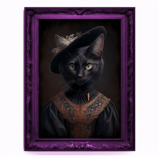 Witch Cat Portrait, Animal Painting, Altered Art, witchcraft Decor, Regal Vintage Artwork, Unique Prints, Funny Pet Gift, Salem Cat Print